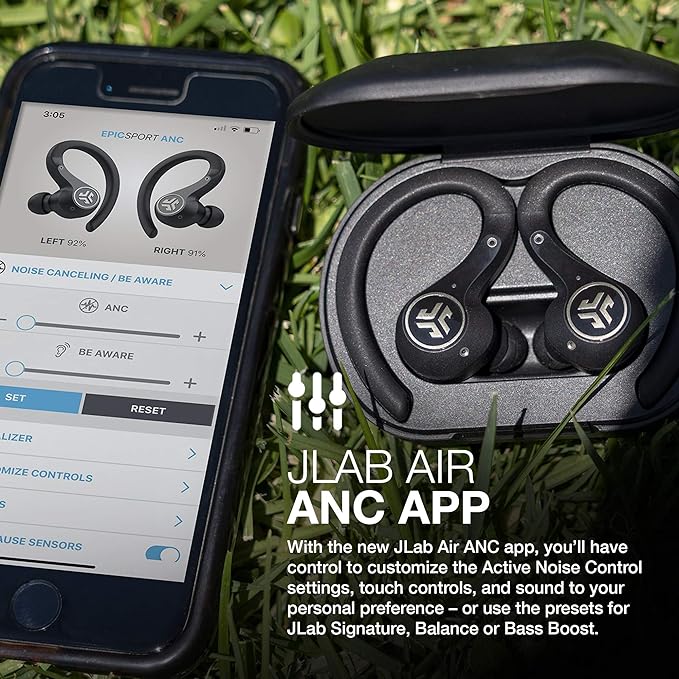 JLab Epic Air Sport ANC True Wireless Bluetooth 5 Earbuds, Headphones for Working Out, IP66 Sweatproof, 15-Hour Battery Life, 55-Hour Charging Case, Music Controls, 3 EQ Sound Settings-StrideForce Fitness