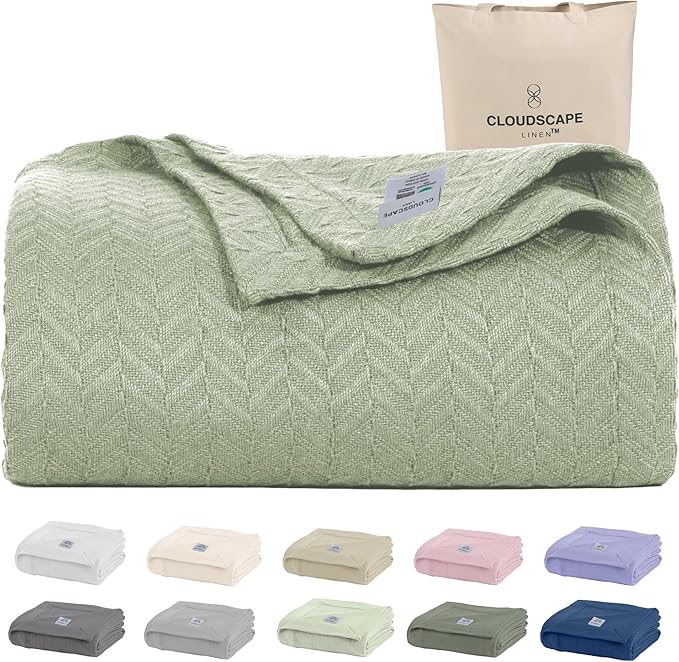 Cloud Scape Linen 100% Cotton Blanket King Size for Bed – Lightweight Summer Blanket, Herringbone Weave,fits California King Size Bed, 92x108,Seafoam Green-StrideForce Fitness