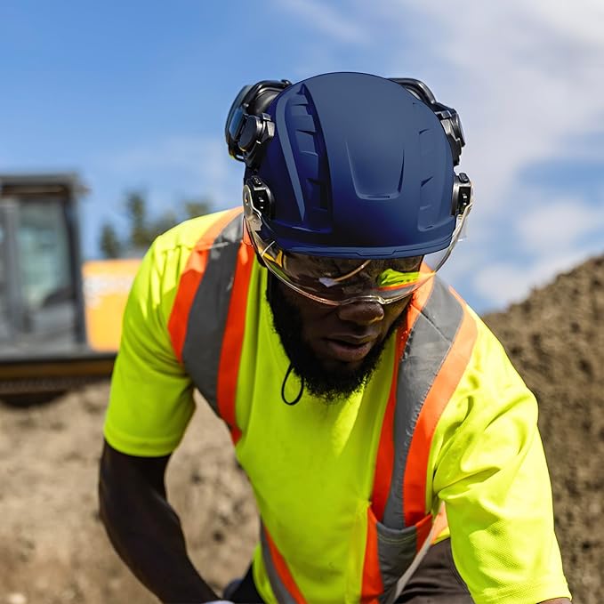 GE Safety Helmet, Impact Absorbing Tech, Adjustable Ratchet, ANSI Type 1, Memory Foam Padding, Hard Hats Protection, Lightweight, Durable, Chin Strap, Comfortable Fit OSHA Approved-StrideForce Fitness