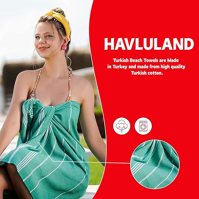 HAVLULAND Luxury Turkish Beach Towel - 100% Organic Cotton, Ultra-Soft, Quick-Dry & Sand-Free - Large, Lightweight & Absorbent for Travel & Pool Blanket-StrideForce Fitness