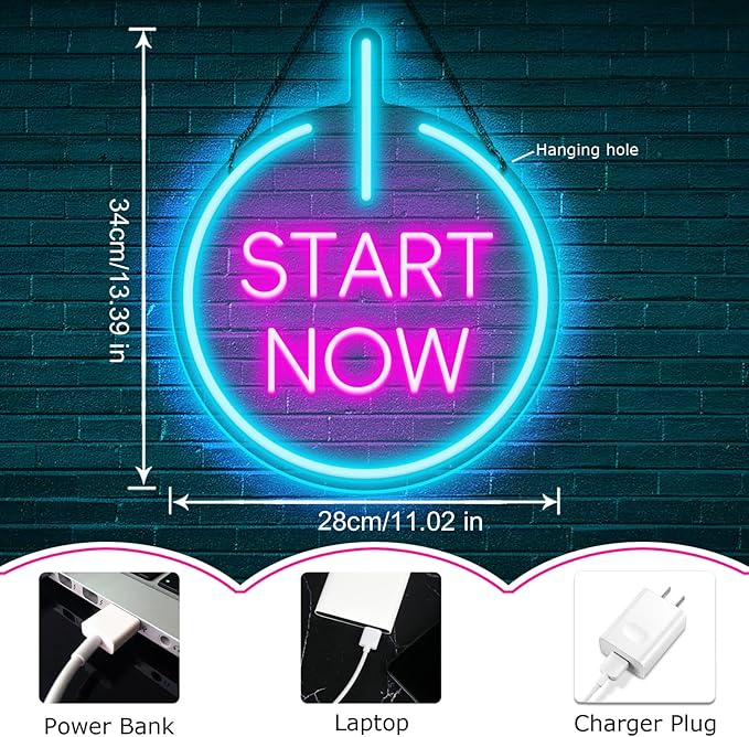 Start Now Neon Sign USB Powered with Dimmable Switch for Wall Background Decor Start Now Light Up Sign Neon for Office Gym Home Parties Decor Gift for Entrepreneurs Graduation 11.02 * 13.39In-StrideForce Fitness