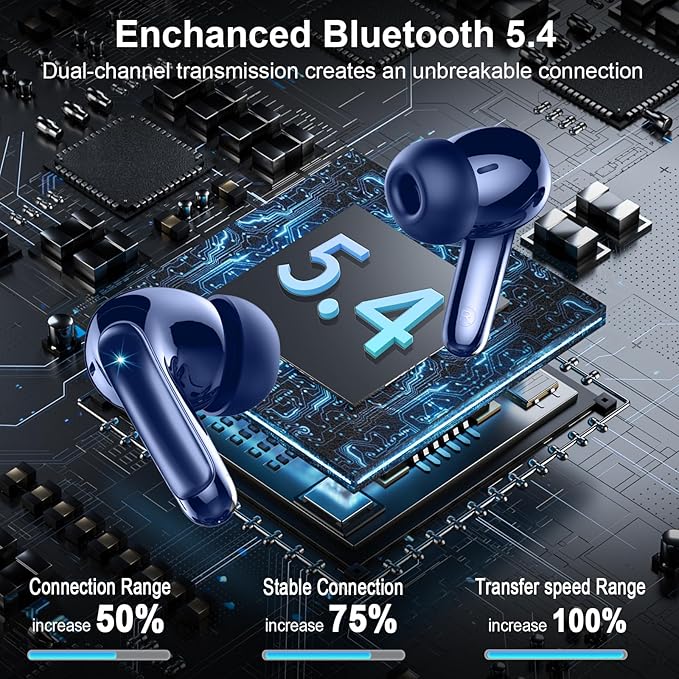 Wireless Earbuds, Bluetooth 5.4 Headphones, ENC Noise Cancelling Mic Ear buds with Stereo Bass, 48H Playtime Earphones , LED Display, IP7 Waterproof In Ear EarBuds for Phone Android iOS Sports, Blue-StrideForce Fitness