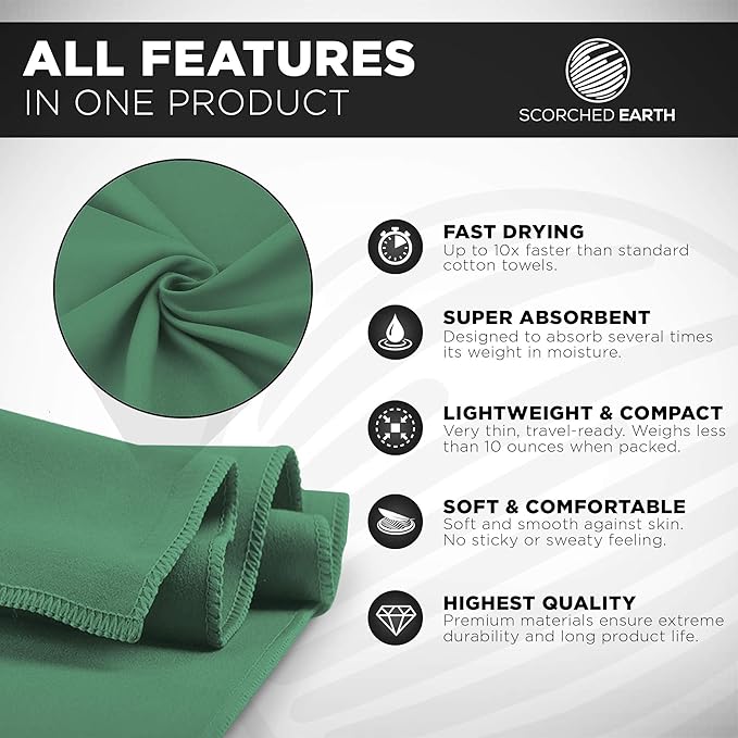 ScorchedEarth Microfiber Travel & Sports Towel Set - Quick Dry, Super Absorbent, Compact, Lightweight - for Camping, Backpacking, Hiking, Beach, Yoga, Swimming - Includes 2 Sizes + Carrying Bag & Clip-StrideForce Fitness