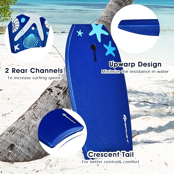 KOTEK 33/37/41 Inch Body Board with Wrist Leash, EPS Core, Dual Channel, HDPE Slick Bottom, Bodyboard for All Skill Levels & Wave Conditions-StrideForce Fitness