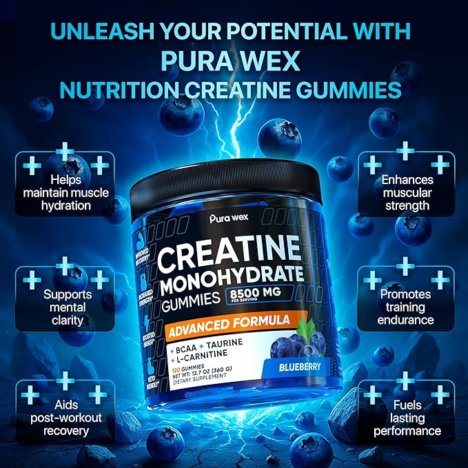 Creatine Monohydrate Gummies 8500mg Complex for Men & Women - Pre Workout Creatine Chews for Muscle Growth, Strength & Energy, Sugar Free, Vegan, Blueberry Flavor - 120 Count-StrideForce Fitness