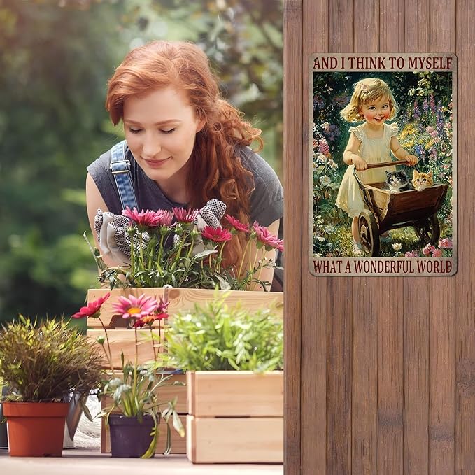 Garden Girl Metal Tin Sign Wall Art Rustic Vintage Outdoor Decor And I Think To Myself What A Wonderful World Quote 12 * 8inch-StrideForce Fitness