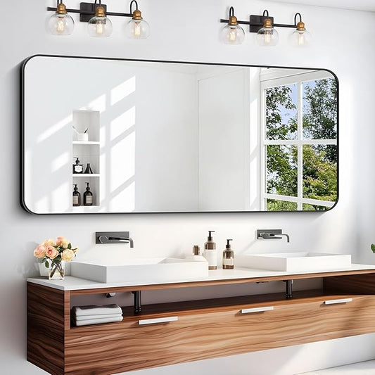 24" x 55"Bathroom Mirror, Matte Black Wall Mirror with Metal Frame, Decorative Rectangular Vanity Mirror for Bedroom Bathroom Living Room Entryway (Horizontal/Vertical)-StrideForce Fitness