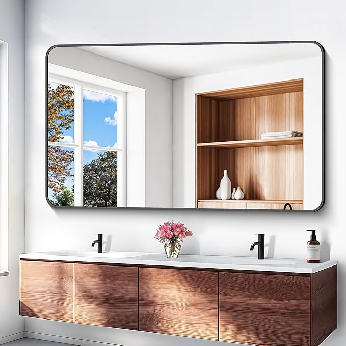 60x36 inch Large Bathroom Mirror,Black Rectangle Mirror,Wall Mounted Bathroom Frame Vanity Mirror with Round Corner for Bedroom Living Room, Entryway Hangs Horizontal or Vertical-StrideForce Fitness