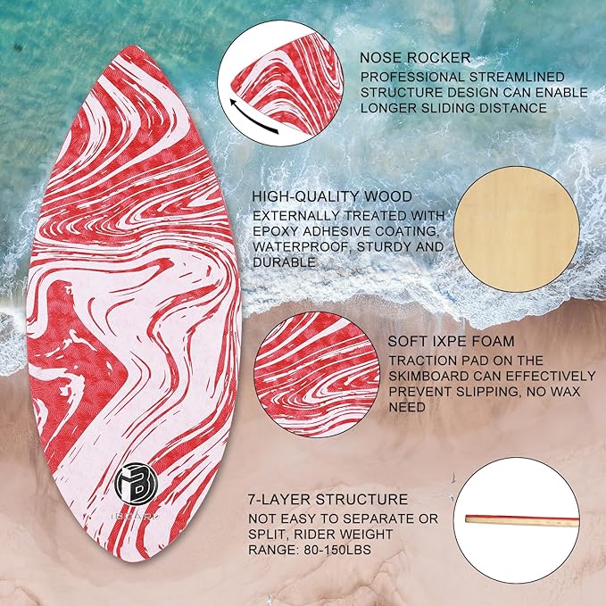 41” Skipper Skimboard with High Gloss Coat Wooden Skim Boards for Beginners, Teenagers and Adults Beach Skimboard 3 Color Traction Pad to Choose-StrideForce Fitness