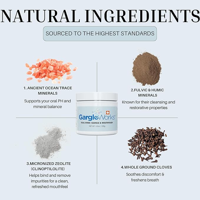 Natural Dual Mouthwash and Throat Gargle for Fresh Breath and Oral Hygiene & Immunity, with Zeolite, Humic & Fulvic Minerals, Clove, and Ocean Trace Minerals
