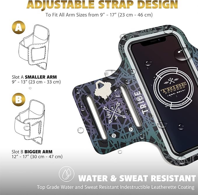 TRIBE Water Resistant Cell Phone Armband Case Running Holder for iPhone Pro Max Plus Mini SE (13/12/11/X/XS/XR/8/7/6/5) Galaxy S Ultra Plus Edge Note (21/20/10/9/8/7/6/5) Adjustable Strap & Key Pocket-StrideForce Fitness