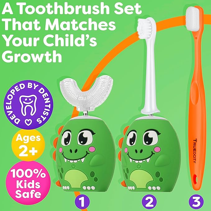 Trueocity Kids U Shape Toothbrush Auto Electric Toddler Rechargeable Kids Automatic Toothbrush | 360° U-Shaped Silicone Brush Head | Gentle Cleaning for Ages 2–7 | Dinosaur Design (Green)