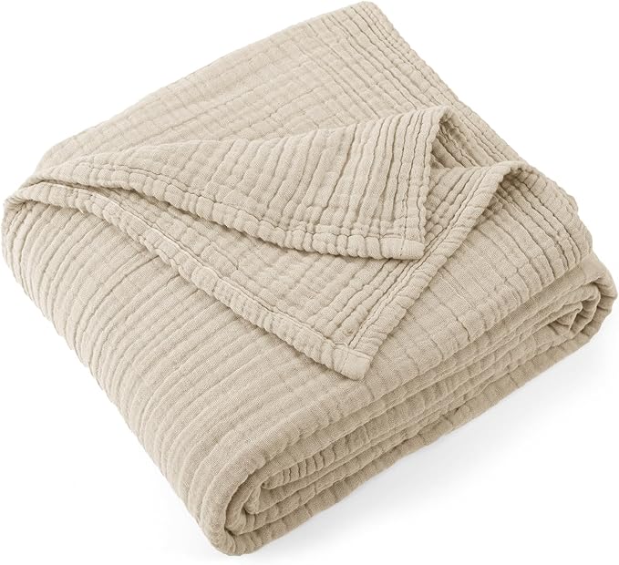 Carriediosa 100% Cotton Muslin Throw Blanket 70" X 80" Twin Size，4-Layers Summer Gauze Throws for Bed Couch，Soft Lightweight Breathable Linen Blankets Bedspread for Adults All Season，Khaki-StrideForce Fitness