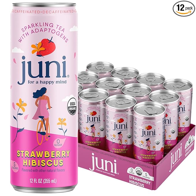 Juni Sparkling Adaptogen Drink with Ashwagandha, Lion’s Mane & Reishi Mushrooms | Green Tea for Focus, Zero Sugar, 5 Calories | Decaffeinated, Non Alcoholic Drinks - Strawberry Hibiscus 12 pack-StrideForce Fitness