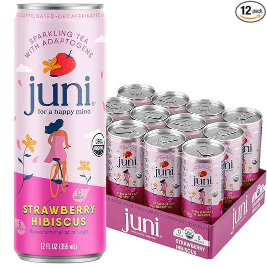 Juni Sparkling Adaptogen Drink with Ashwagandha, Lion’s Mane & Reishi Mushrooms | Green Tea for Focus, Zero Sugar, 5 Calories | Decaffeinated, Non Alcoholic Drinks - Strawberry Hibiscus 12 pack-StrideForce Fitness