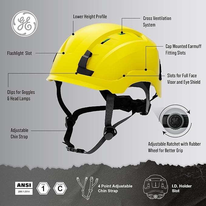 GE Safety Helmet, Impact Absorbing Tech, Adjustable Ratchet, ANSI Type 1, Memory Foam Padding, Hard Hats Protection, Lightweight, Durable, Chin Strap, Comfortable Fit OSHA Approved-StrideForce Fitness