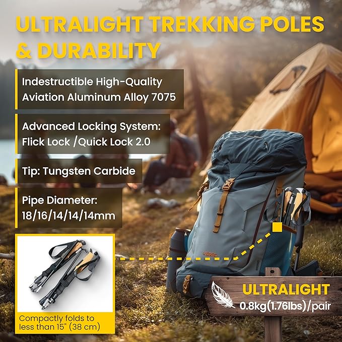 TREDO Premium Collapsible Trekking Poles - Ultralight Aluminum & Carbon Fiber - Adjustable Folding Hiking Poles - Lightweight for Men & Women - Comfortable Cork/EVA Grips - 2pc Set-StrideForce Fitness