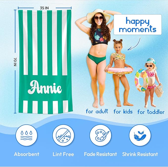 JML Personalized Beach Towel with Name, Custom Cabana Stripe Beach Towel, Customized Microfiber Pool Towel, Quick Dry & Absorbent Swim Towel for Adult,Mother's Day, Birthday, Summer Holiday,Vacation-StrideForce Fitness