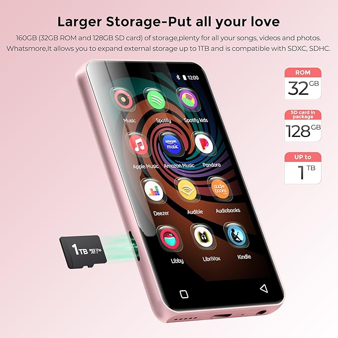160GB MP3 Player with Bluetooth and WiFi, innioasis Music Player with Spotify,Pandora,Amazon Music,4" Touch Screen Android MP4 MP3 Player for Kids with Libby,Audible,Spotify Kids (White+Pink)-StrideForce Fitness