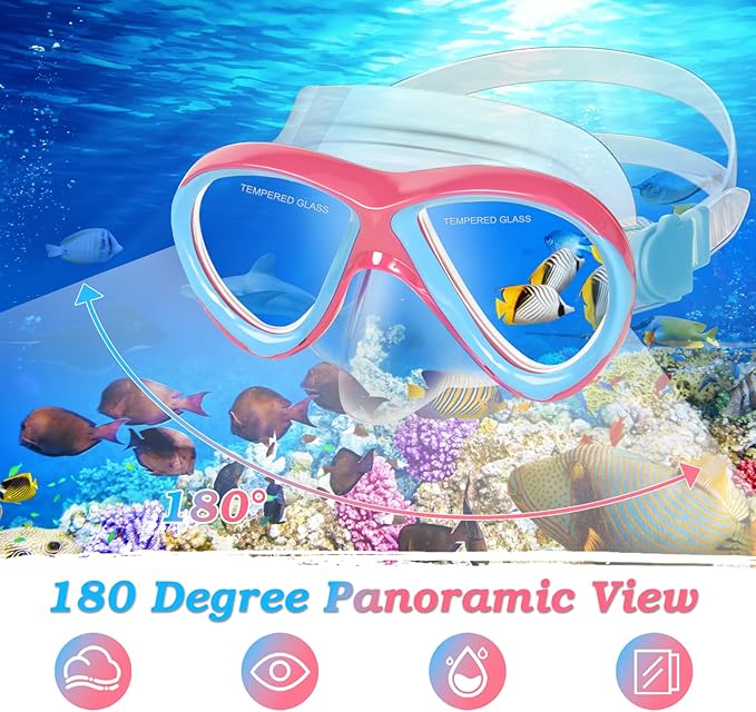 Kids Mask Fins Snorkel Set, Dry Top Snorkeling Gear for Kids Youth Boys Girls Junior Age 5-15 Tempered Glass Snorkel Mask Set Panoramic View Snorkeling Packages-StrideForce Fitness