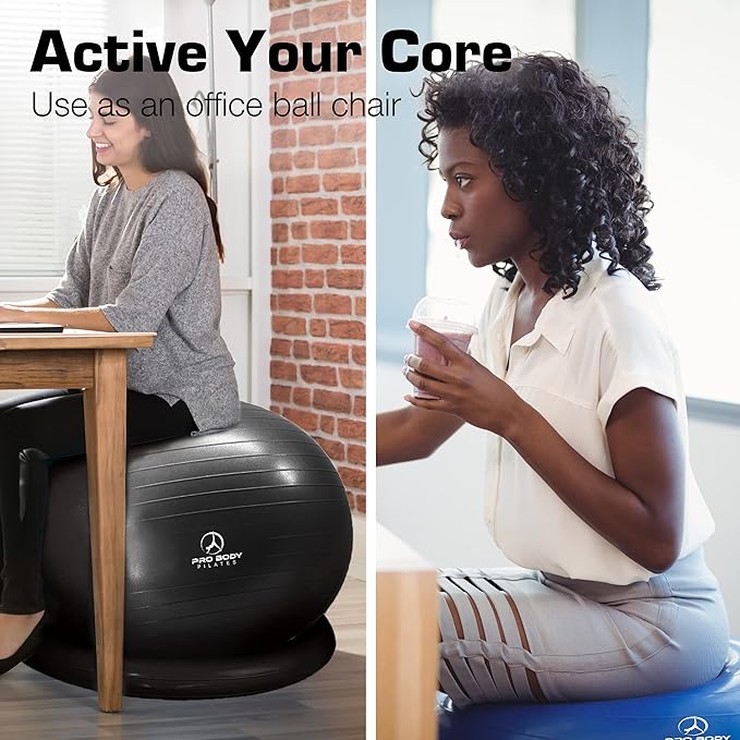 ProBody Pilates Yoga Ball Chair, Exercise Ball Chair with Base or Stand for Home Office Desk Sitting or Workout, 65cm Antiburst Balance & Stability Ball Seat, Large Gym Ball for Back, Abs-StrideForce Fitness