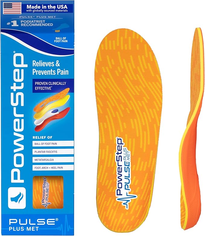 PowerStep Pulse Plus Met - Ball of Foot Pain Relief Shoe Insoles - Running Shoe Orthotics for Metatarsal Foot Pain, and Morton's Neuroma Relief - Made in The USA (M 9-9.5, F 11-11.5)-StrideForce Fitness