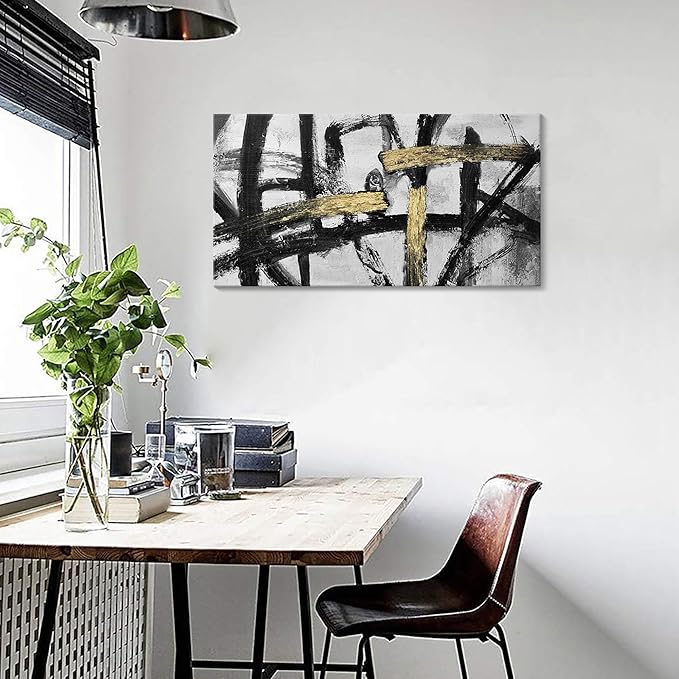 Black White and Gold Wall Art, Modern Paintings Abstract Graffiti Canvas Prints Artwork Black Grey Wall Pictures for Living Room Bedroom Bathroom Home Office Decor 20x40 In-StrideForce Fitness