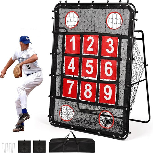Pitching Net with Strike Zone, 9 Hole Baseball Pitching Target, Portable Softball Baseball Training Equipment with Carry Bag-StrideForce Fitness