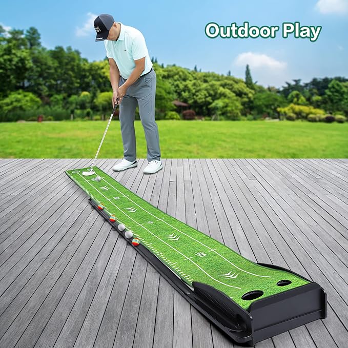 Golf Putting Green Mat with Putter and 6 Balls, Putting Practice Mat with Auto Ball Return for Home, Office, Backyard, Indoor, Outdoor Use-StrideForce Fitness