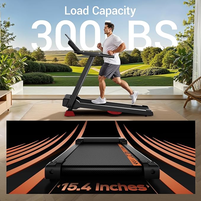Treadmills for Home, 15% Incline Treadmill, Folding Treadmill Filpped Screen and Heart Rate Sensor, 3.0HP Quiet Brushless Dual Cushion System, 300lbs Weight Capacity-StrideForce Fitness