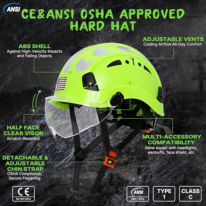 AOLAMEGS Construction Safety Hard Hat - ANSI Z89.1 Type Ι OSHA Approved Safety Helmets with Chin Straps Lightweight Reflective Vented ABS Hard Hats For Men Women Industrial Workwear 6-point Suspension-StrideForce Fitness