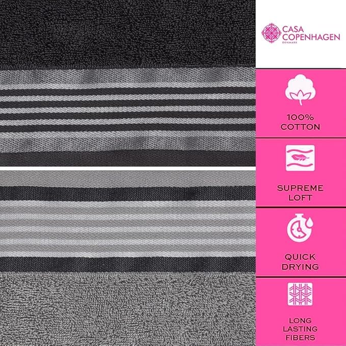 CASA COPENHAGEN® He & She 10 Pieces Hand Towel Set, Granite Grey + Mirage Grey, 550 GSM, 16x28 Inches, Designed in Denmark Super Soft and Absorbent, Egyptian Cotton Towels for Bathroom & Kitchen-StrideForce Fitness