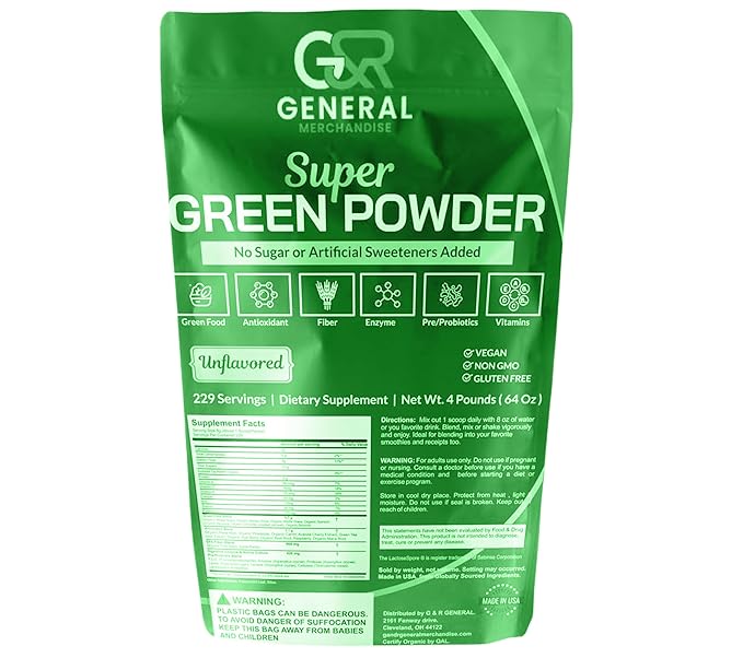 Super Greens Powder Superfood Organic, 229 Servings Digestive Enzymes, Probiotics & Vitamins Vegetables (Wheatgrass, Spirulina & more), Fruits, 4 Pounds(64oz).-StrideForce Fitness