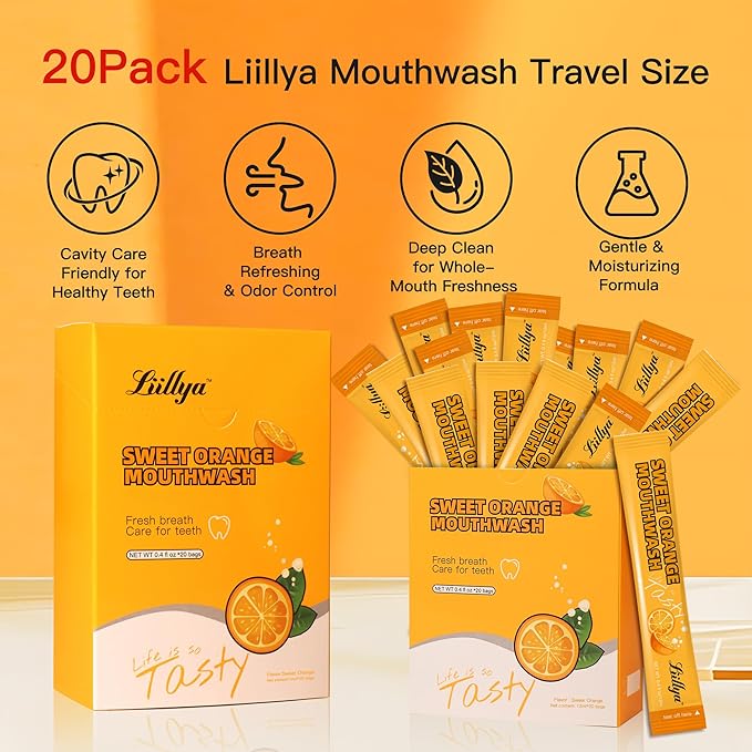 Mouthwash Travel Size, Individual Mini Mouthwash Alcohol Free, Orange Mint for Fresh Breath, Oral Care, Teeth & Gum Health, TSA Compliant, Portable Packets to Go, 0.41 Fl Oz x 20 Packs