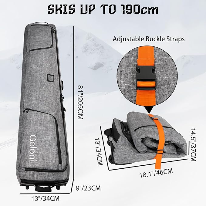 Goloni Ski Bag with Wheels,Padded Snowboard Bag for Air Travel,600D Waterproof Fabric,Foldable Snow Bag Fits 2 Pairs Skis-StrideForce Fitness