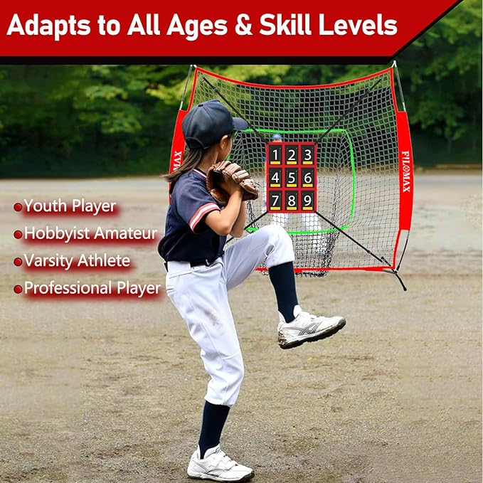 7x7 ft Baseball & Softball Practice Net with 9 Numbered Strike Zone | PRO Training Net for Hitting, Pitching & Batting | with Carry Bag, Bow Frame for All Ages & Skills-StrideForce Fitness