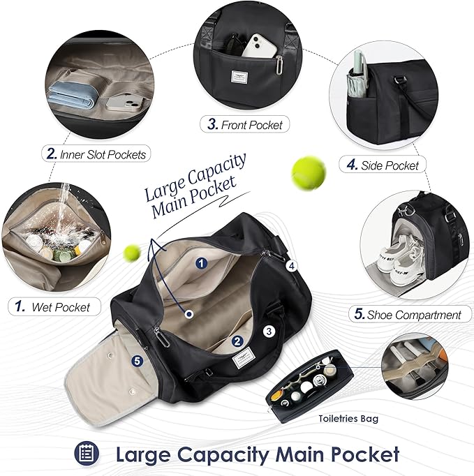 FIORETTO Womens Gym Tote Duffle Bag with Toiletry Bag, Sports Duffel Overnight Hospital Workout Carry on Bag for Girls with Wet Pocket & Shoe Compartment, Ideal for Travel, Swimming, Dance Black-StrideForce Fitness