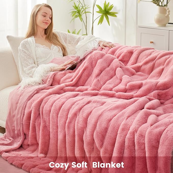 Cozy Bliss Faux Fur Throw Blanket for Couch, Cozy Warm Plush Striped Blanket for Sofa Bedroom Living Room, Pink-StrideForce Fitness