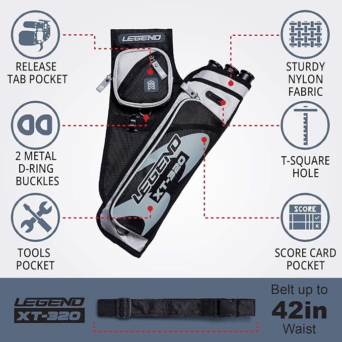 LEGEND XT320 Archery Quivers - Nylon Hip Quivers with 3 Arrow Tube Cases for Target Shooting - Adjustable Waist Belt, T-Slot, Storage Compartments for Accessories, Gear, Tools, Release Tab, Score Card-StrideForce Fitness