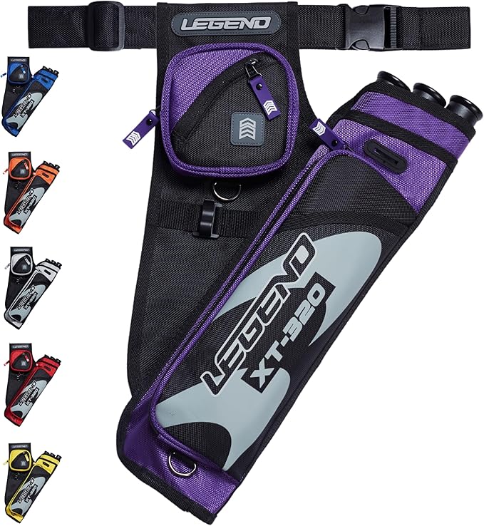 LEGEND XT320 Archery Quivers - Nylon Hip Quivers with 3 Arrow Tube Cases for Target Shooting - Adjustable Waist Belt, T-Slot, Storage Compartments for Accessories, Gear, Tools, Release Tab, Score Card-StrideForce Fitness