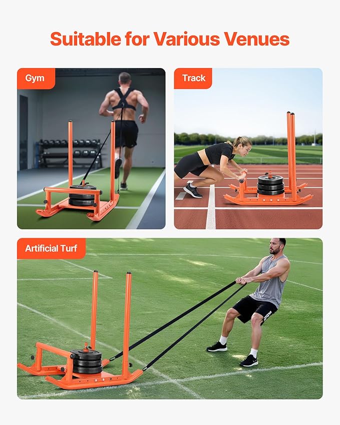VEVOR Weight Sled, Steel Power Sled, Fitness Strength Training Sleds for Athletic Exercise Speed Improvement, Workout Fitness Equipment with Handle, Compatible with 1/2 in Weight Plates, Orange-StrideForce Fitness