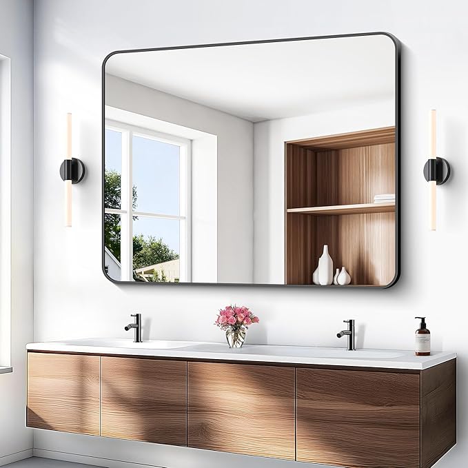 Black Bathroom Mirror,40x48 inch Wall Mirror for Bathroom Wall Mounted,Rectangle Mirror for Bathroom Over Sink,Modern Frame Round Corner for Living Room,Bedroom Entryway,Horizontal/Vertical-StrideForce Fitness