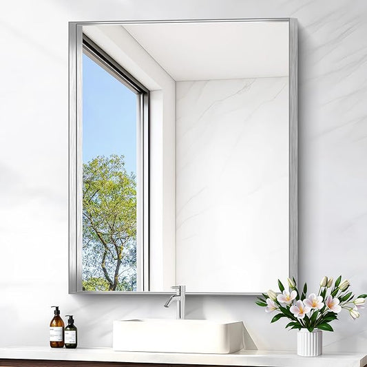 Silver Bathroom Mirror, 30x36 Inch Rectangular Framed Mirror, Large Wall Mounted Bathroom Vanity Mirror Over Sink for Bedroom,Restroom, Living Room, Hangs Vertically or Horizontally-StrideForce Fitness