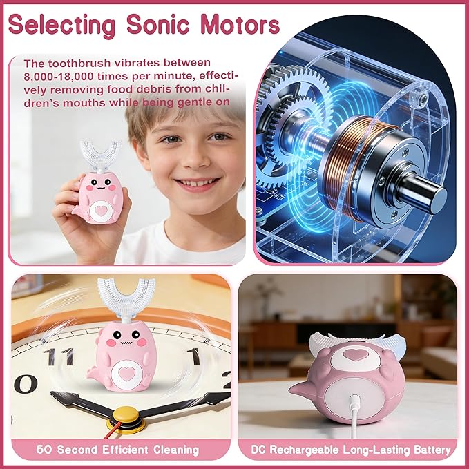 Kids Electric U Shaped Toothbrush, Sonic Automatic Toothbrush Kids with 4 Brush Heads, 3 Cleaning Modes, Cartoon Dinosaur IPX7 Waterproof 360º Round Toddler Electric Toothbrush(Pink, Ages 2-12)