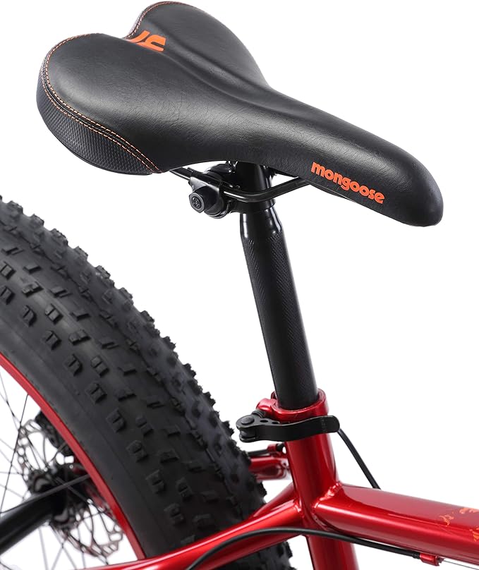 Mongoose Aztec Mens and Womens Fat Tire Bike, 18-Inch Steel Frame, 26-Inch Wheels, 4-Inch knobby tires, Red-StrideForce Fitness