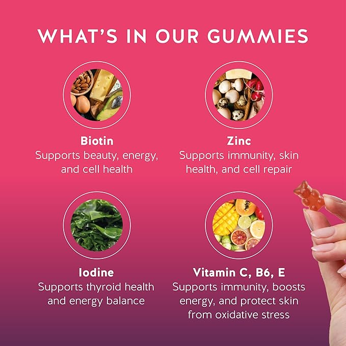 Biotin Gummies for Hair, Skin & Nails. 5,000 mcg High Potency Vegan Vitamins for Faster Hair Growth, Stronger Nails & Healthy Skin. with Vitamins C & E, 60 Gummies-StrideForce Fitness