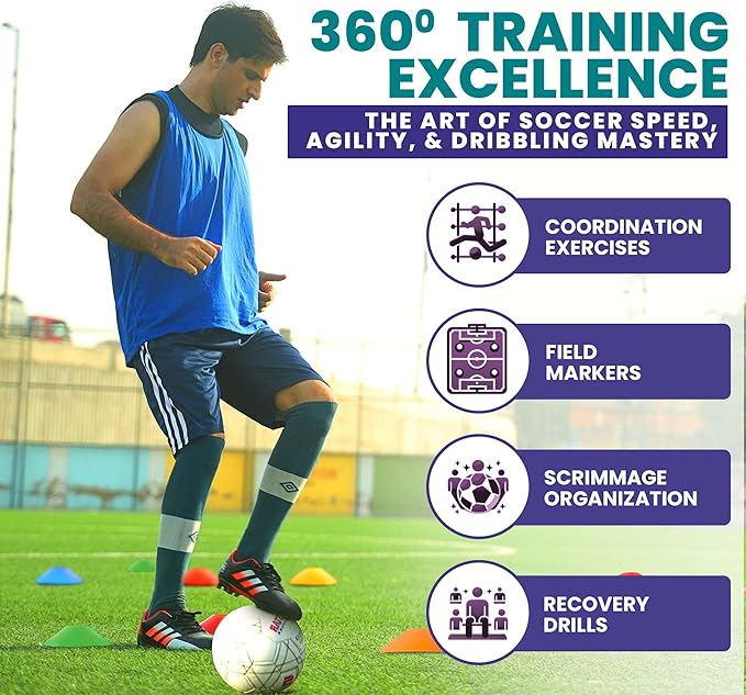 Training Soccer Cones 25/50/100 Pack with Carry Bag & Holder – 5 Colors – Agility Disc Cones Set Sports Practice Equipment for Soccer, Football, Basketball, Coaching & Speed-StrideForce Fitness