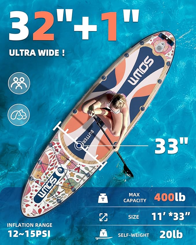 Inflatable Paddle Boards 11'x33'', Stand Up SUP Paddle Board Inflatable for Adults Youth, Extre Wide & Non-Slip Sup of All Skill Levels-StrideForce Fitness