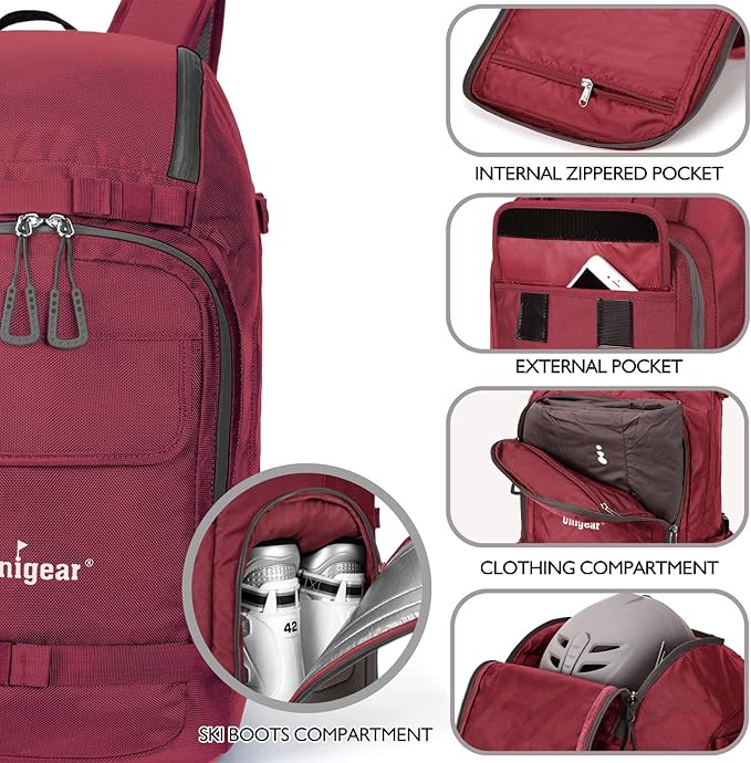 Unigear Ski Boot Bag, 50L Ski Boot Travel Backpack for Ski Helmet, Goggles, Gloves, Skis, Snowboard & Accessories (Red)-StrideForce Fitness