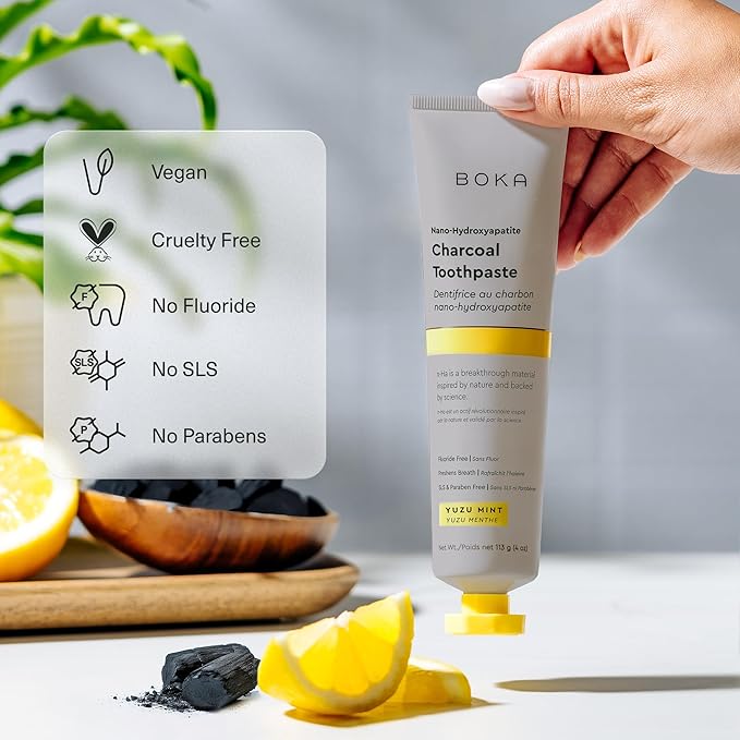 Boka Fluoride Free Toothpaste, Nano Hydroxyapatite Toothpaste, Appropriate for Sensitive Teeth - for Adult, Kids Oral Care - Charcoal Yuzu Mint Flavor, 4 Fl Oz 1Pk US Manufactured